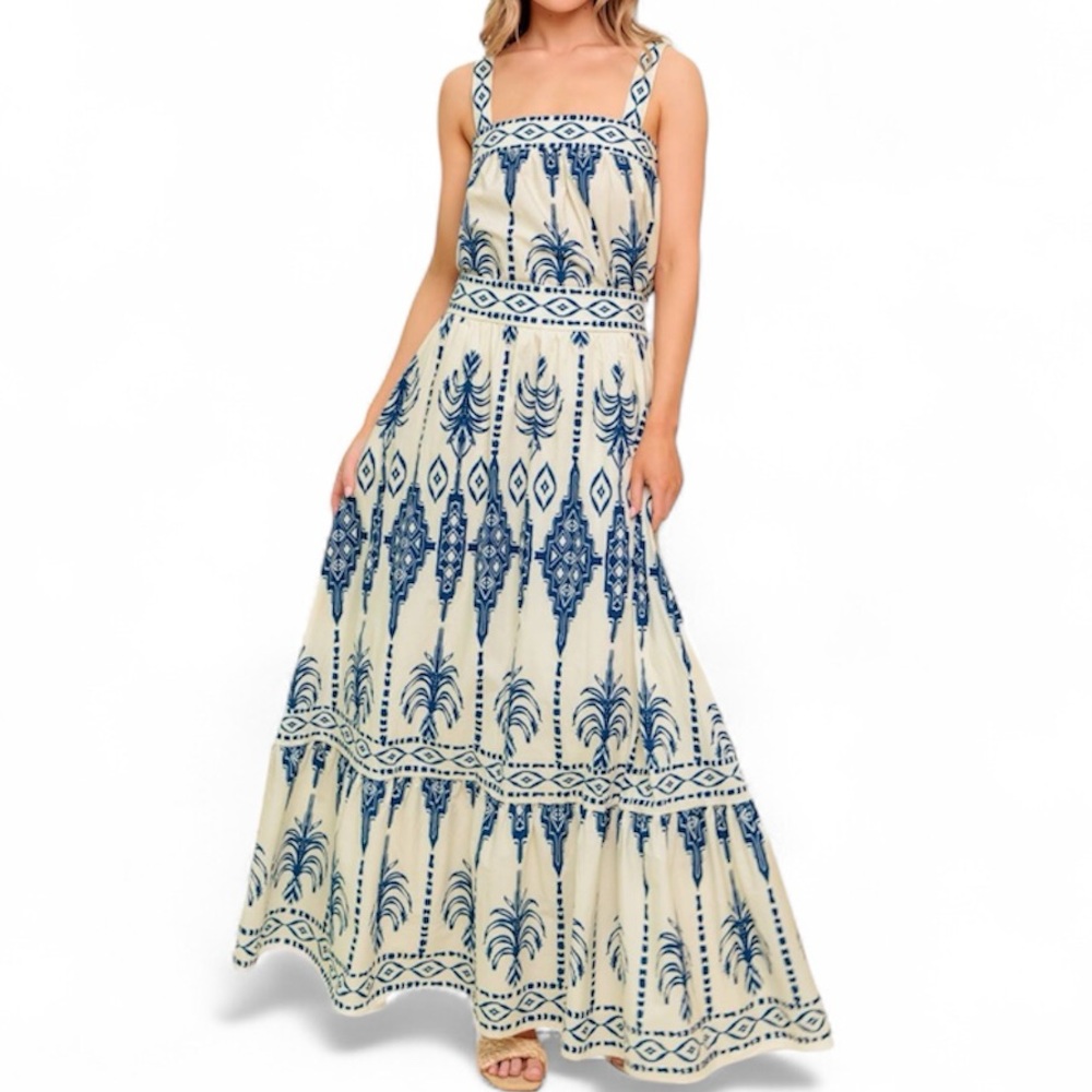 NWOT Flying Tomato Boho Rhythm Tank and Maxi Skirt Set Womens Blue Cream Boho